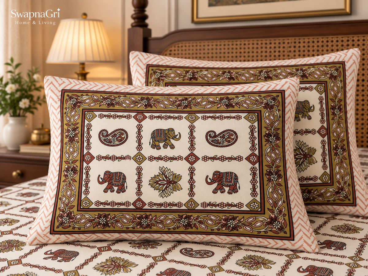 Cotton fabric close-up showing elephant, floral and paisley pattern