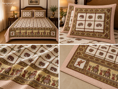 SwapnaGri cream and peach elephant floral cotton bedsheet with matching pillow covers