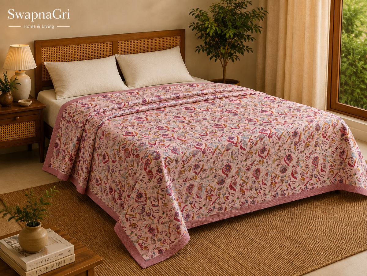 SwapnaGri Flora Pink Floral Cotton Double Dohar on bed