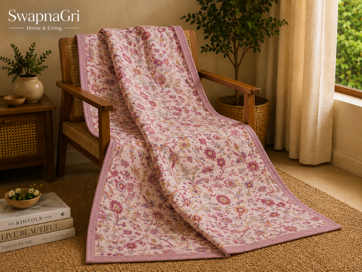 SwapnaGri Flora Pink Floral Cotton Double Dohar draped on chair