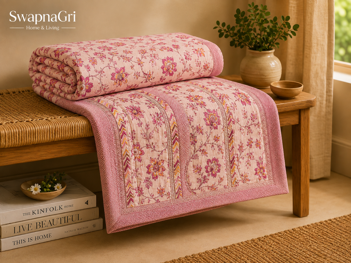 SwapnaGri Flora Pink Floral Cotton Double Dohar folded and displayed