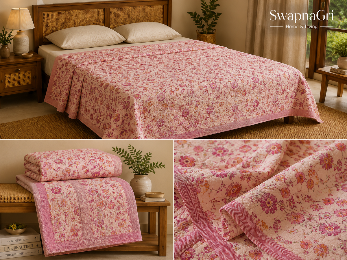 SwapnaGri Flora Pink Floral Cotton Double Dohar lifestyle collage