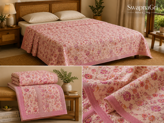 SwapnaGri Flora Pink Floral Cotton Double Dohar lifestyle collage