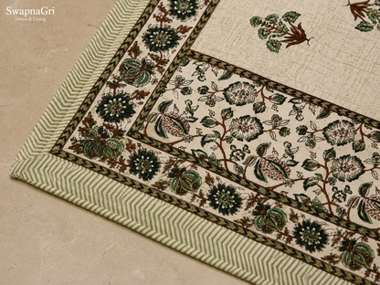 Close-up of SwapnaGri green floral cotton bedsheet border and fabric detail
