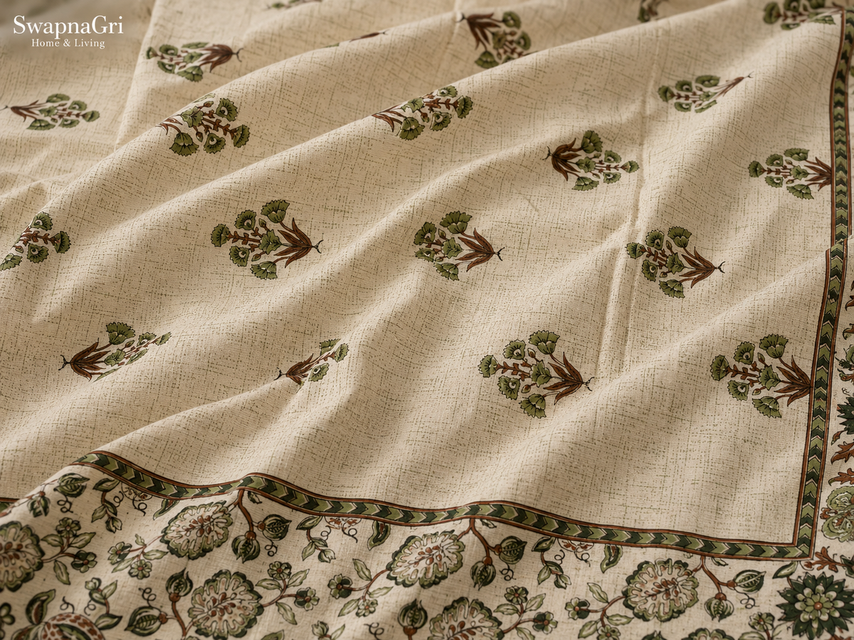 Close-up of SwapnaGri green floral queen-size cotton bedsheet fabric and print