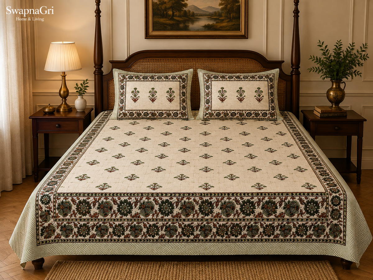 SwapnaGri green floral cotton bedsheet queen size 90 × 108 inches with matching pillow covers