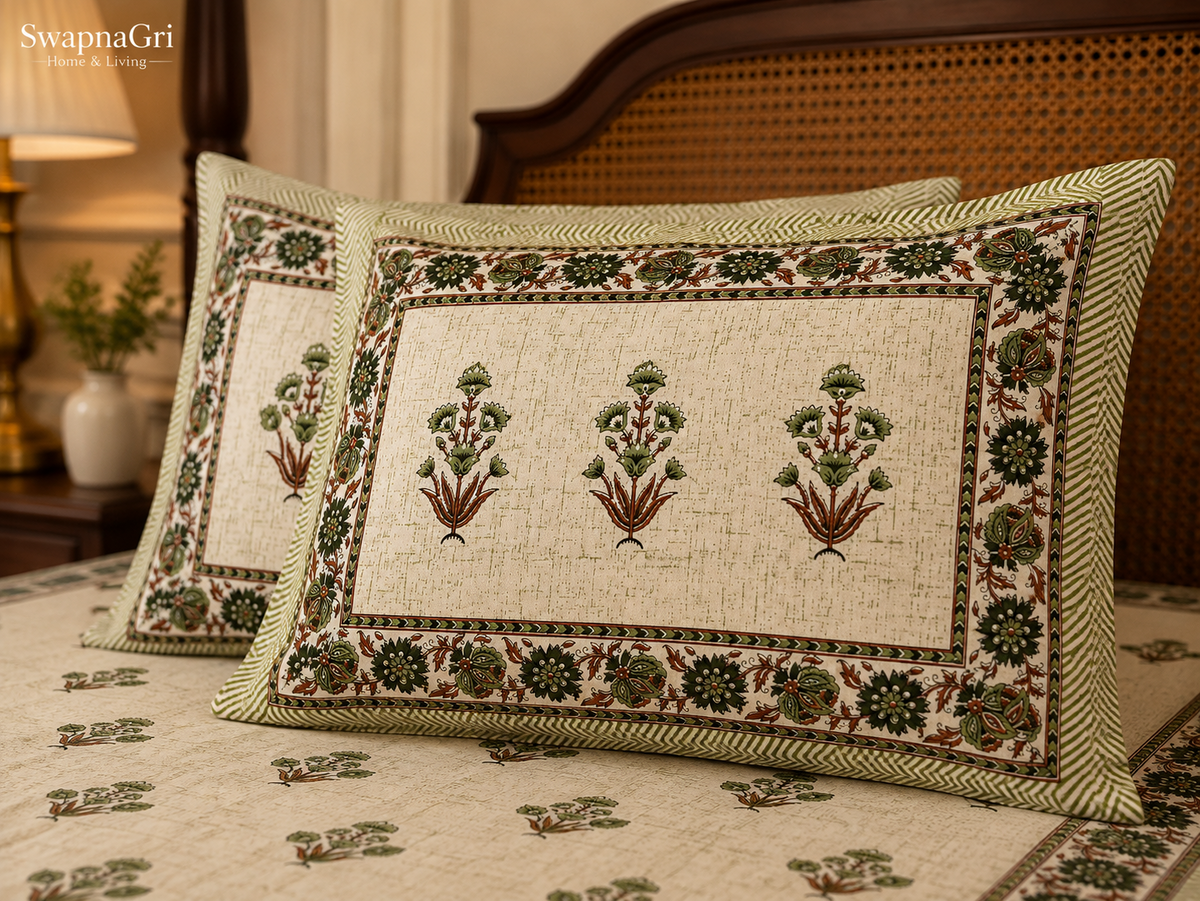 Close-up of SwapnaGri green floral cotton bedsheet matching pillow cover