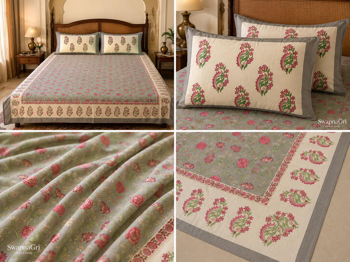 SwapnaGri grey and pink paisley floral cotton super king bedsheet product collage