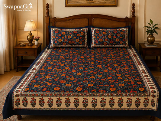 Navy blue floral cotton super king bedsheet set on a styled bed