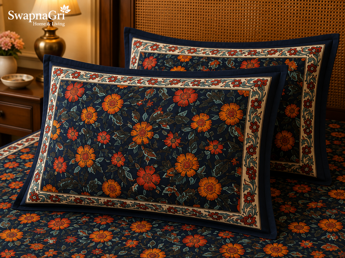 Navy blue floral cotton super king bedsheet pillow covers close-up