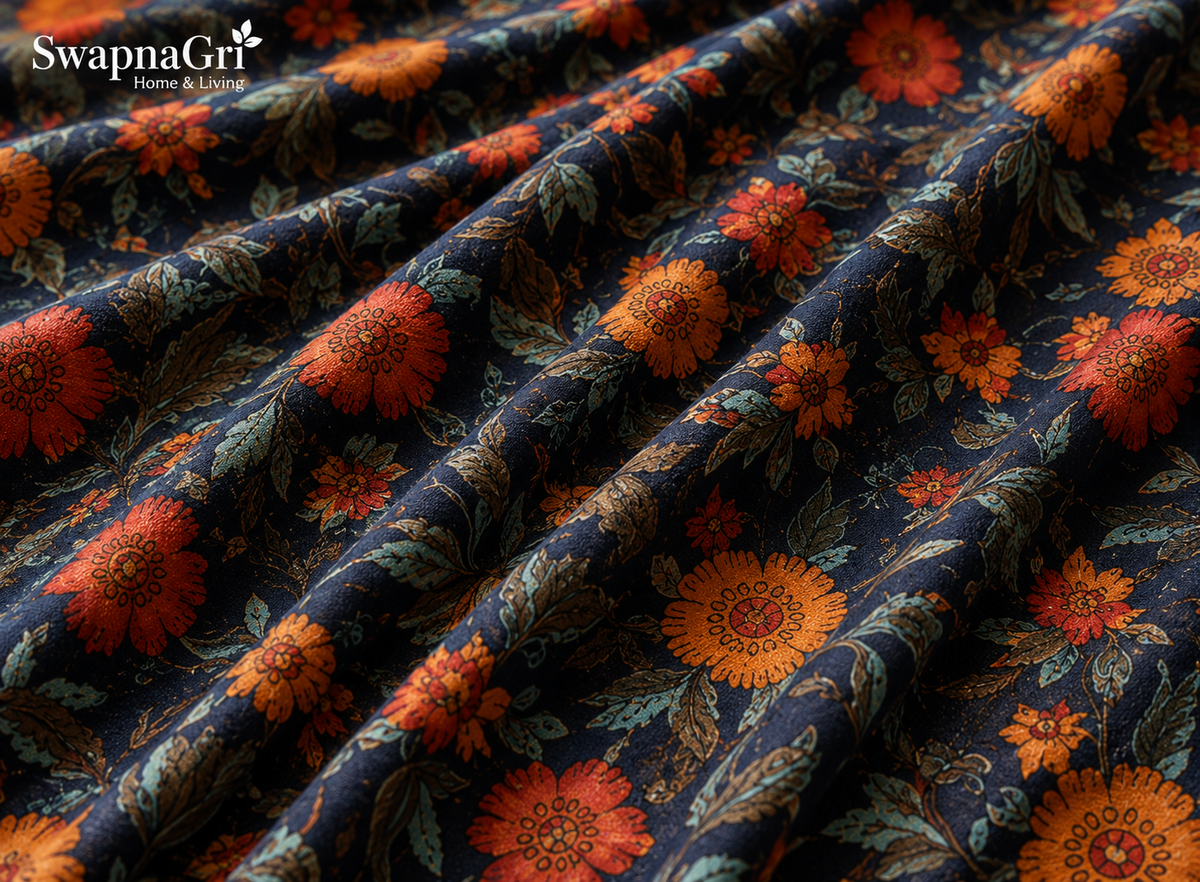 Navy blue floral cotton bedsheet fabric texture and print detail