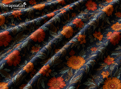 Navy blue floral cotton bedsheet fabric texture and print detail