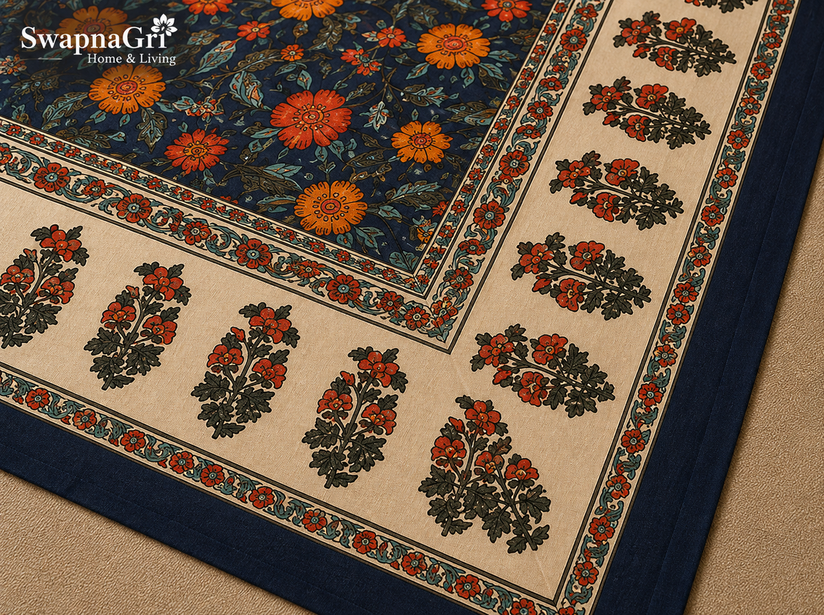 Navy blue floral cotton bedsheet border and print detail