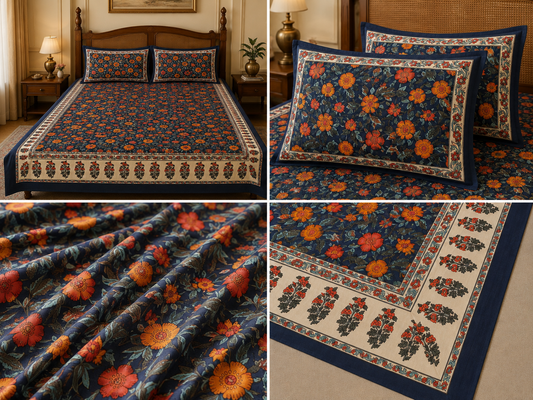 Navy blue floral cotton super king bedsheet complete set collage