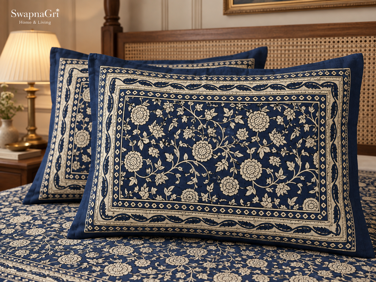 Close-up of SwapnaGri Navy Ivory Floral cotton bedsheet decorative border