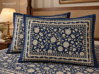 Close-up of SwapnaGri Navy Ivory Floral cotton bedsheet decorative border