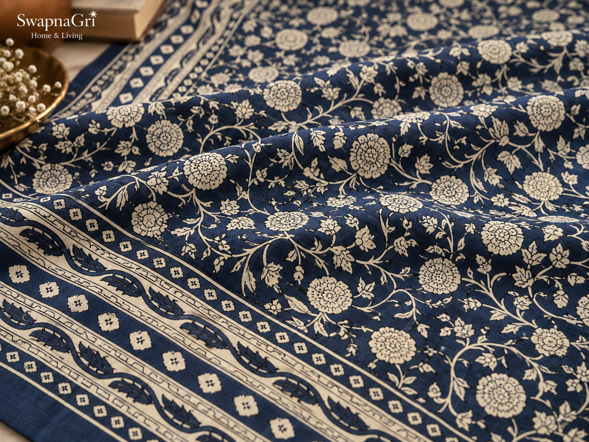 Close-up of SwapnaGri Navy Ivory Floral cotton bedsheet print