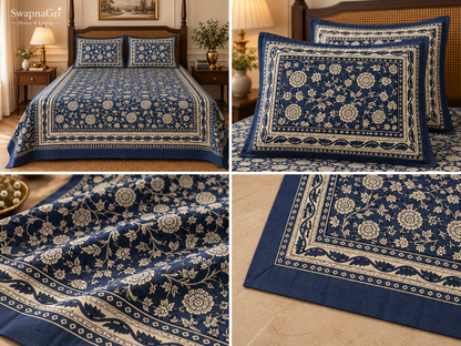 SwapnaGri Navy Ivory Floral Cotton King-Size Bedsheet with matching pillow covers