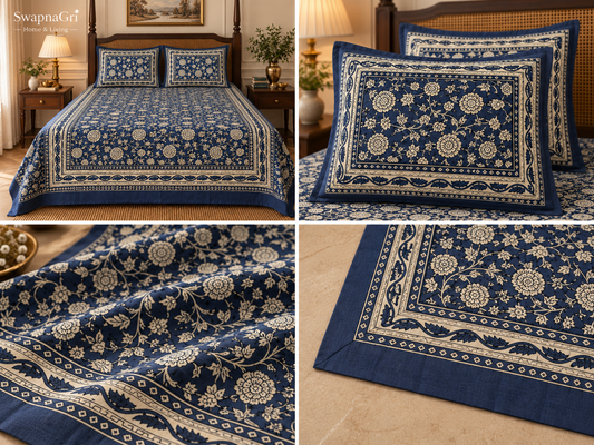 SwapnaGri Navy Ivory Floral Cotton King-Size Bedsheet with matching pillow covers