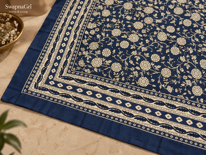 SwapnaGri Navy Ivory Floral cotton bedsheet matching pillow covers
