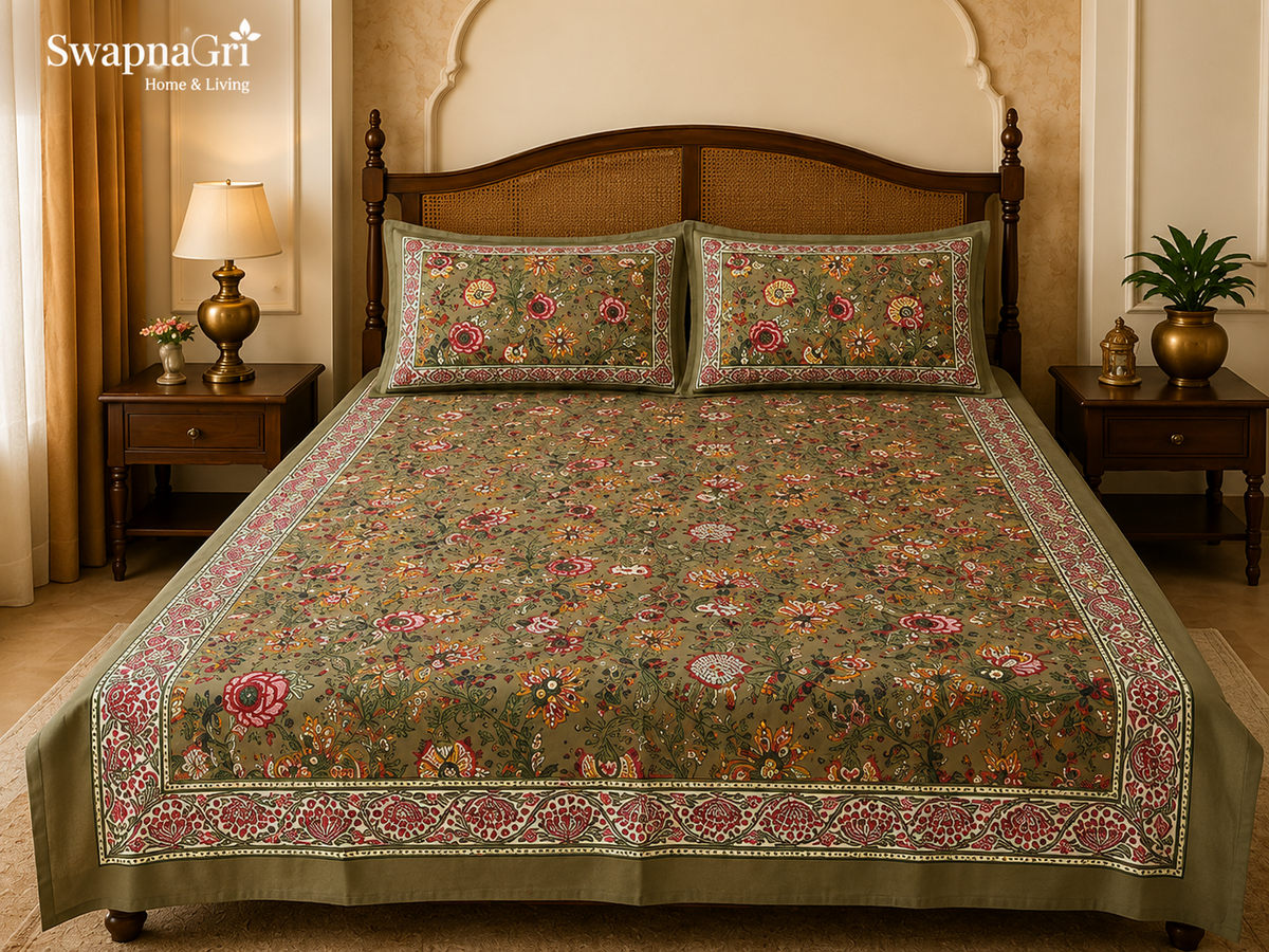 SwapnaGri olive green floral cotton super king bedsheet set on bed