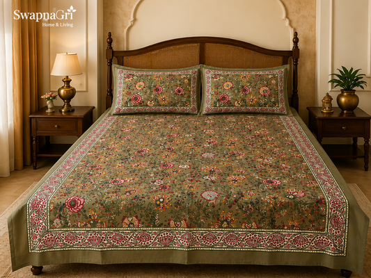 SwapnaGri olive green floral cotton super king bedsheet set on bed
