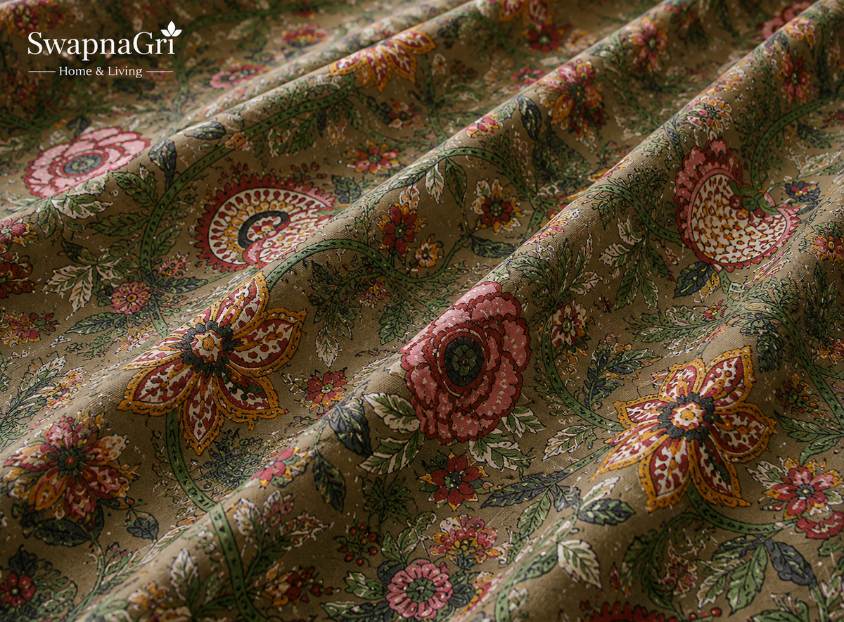 Close-up of olive green floral cotton bedsheet fabric texture and print