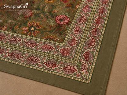 Detailed border and floral print of SwapnaGri olive green cotton bedsheet