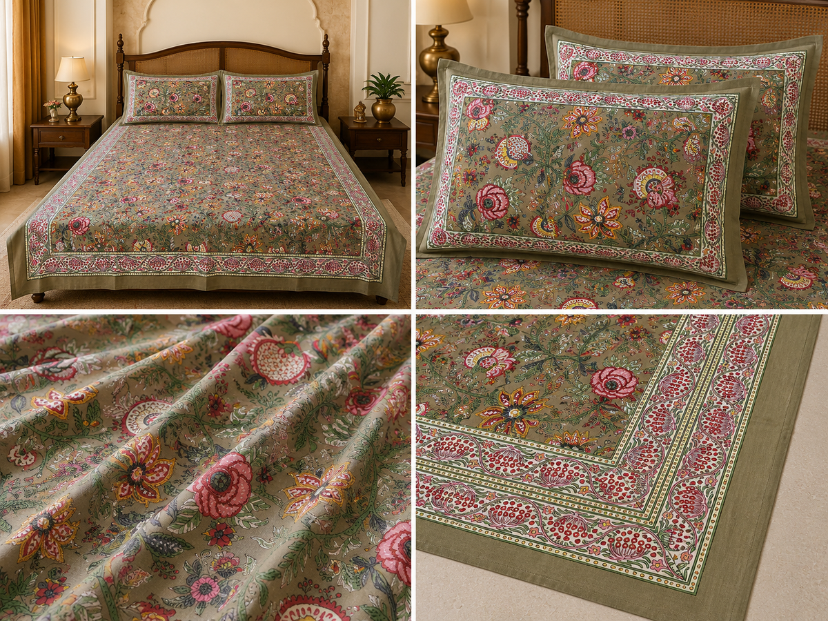 SwapnaGri olive green floral cotton super king bedsheet product collage