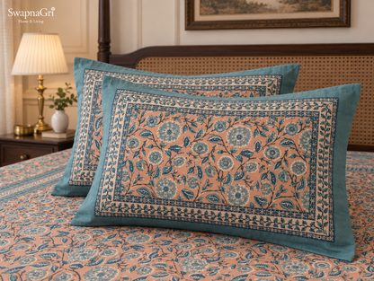 Close-up of SwapnaGri Peach & Teal Floral cotton bedsheet decorative border and print