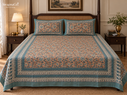 SwapnaGri Peach & Teal Floral cotton bedsheet additional product detail