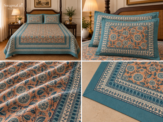 SwapnaGri Peach & Teal Floral Cotton King-Size Bedsheet with two matching pillow covers