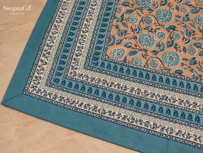 Close-up of SwapnaGri Peach & Teal Floral cotton bedsheet matching pillow covers