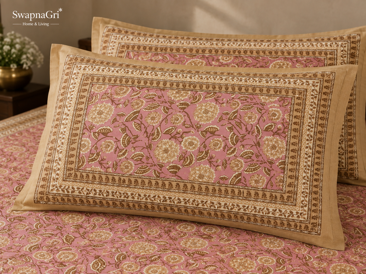 Close-up of SwapnaGri Pink Beige Floral cotton bedsheet decorative border