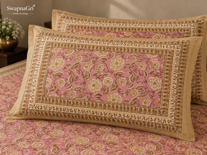 Close-up of SwapnaGri Pink Beige Floral cotton bedsheet decorative border