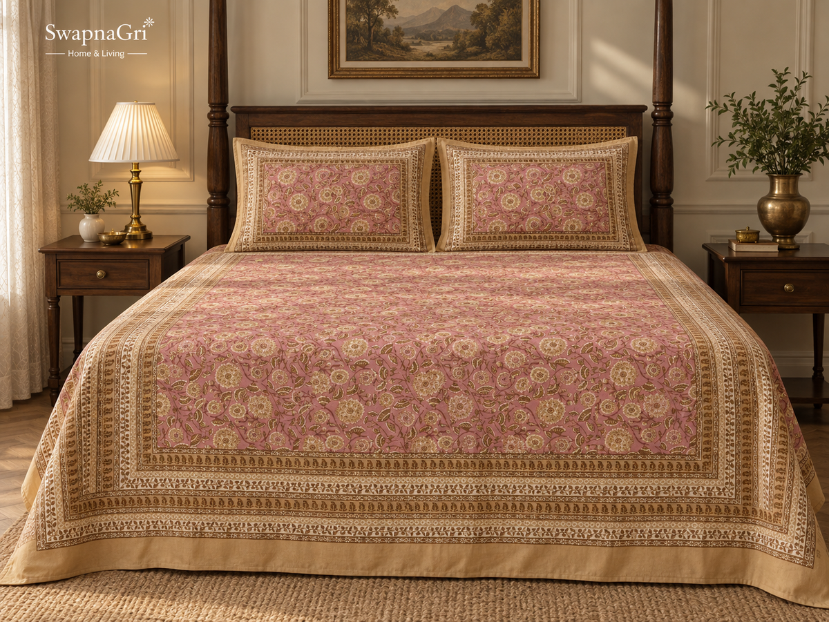 SwapnaGri Pink Beige Floral cotton bedsheet detailed pattern and matching pillow covers