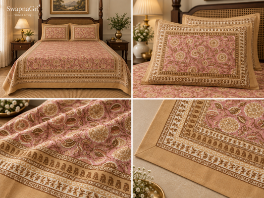 SwapnaGri Pink Beige Floral Cotton King-Size Bedsheet with matching pillow covers