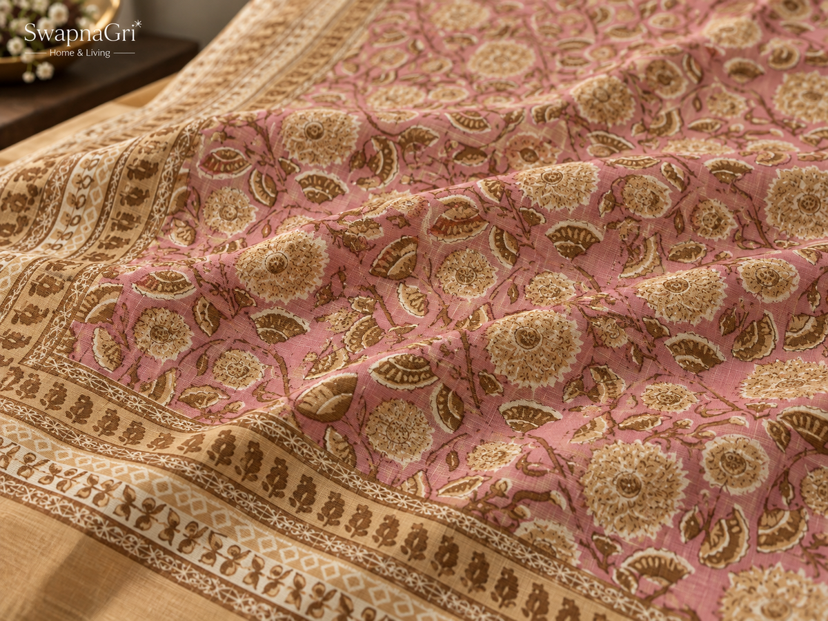 SwapnaGri Pink Beige Floral cotton bedsheet matching pillow covers