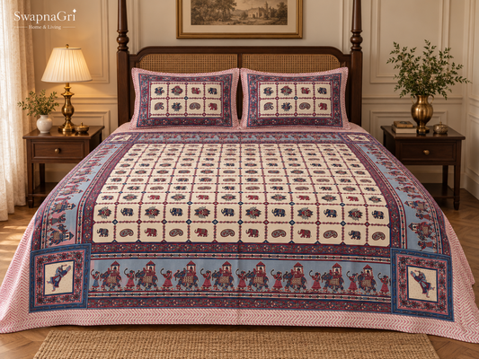 Pink and blue elephant printed queen-size cotton bedsheet set with matching pillow covers