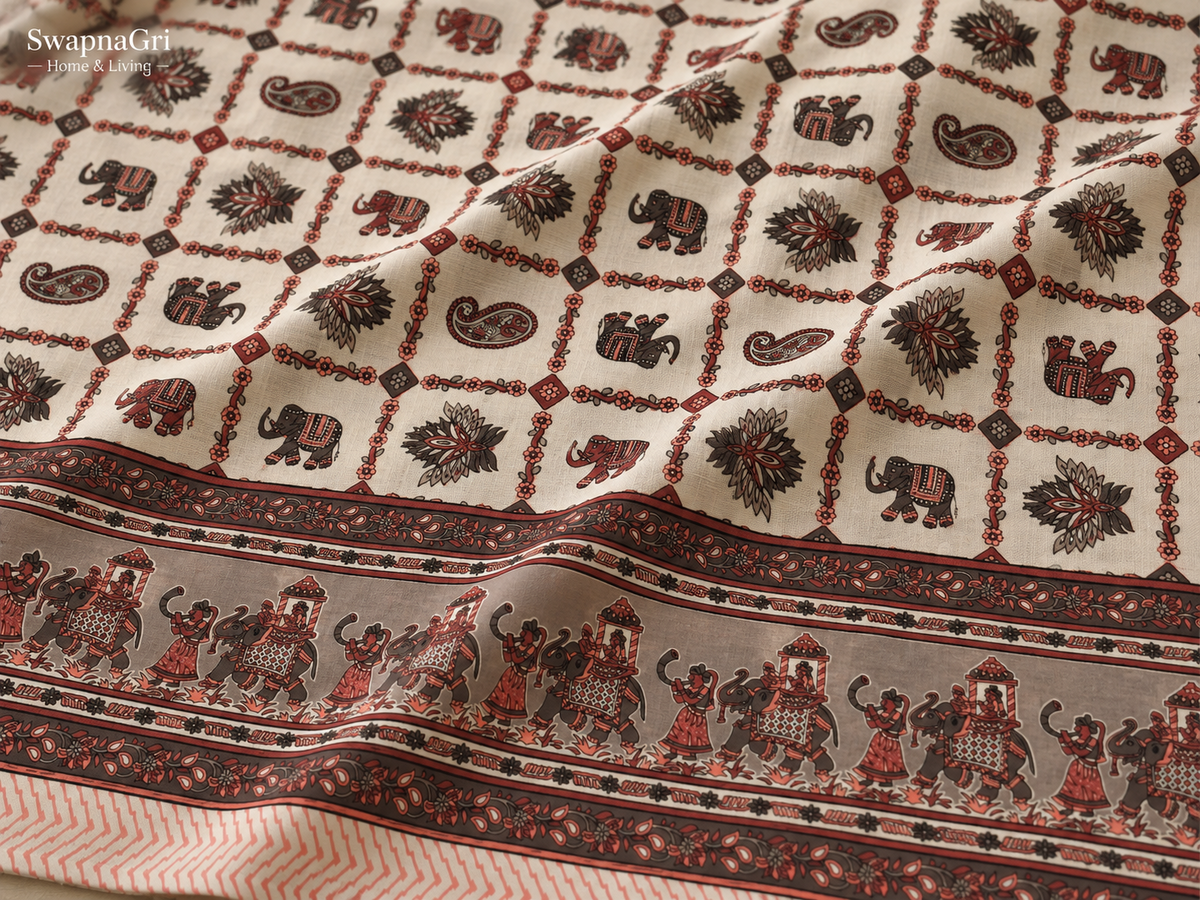 Rust and brown elephant pattern cotton fabric and border detail