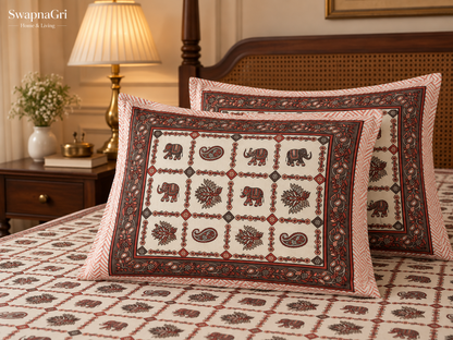 Rust and brown elephant pattern cotton bedsheet border detail