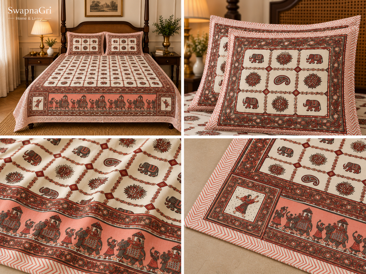 Rust and brown elephant pattern cotton bedsheet with matching pillow covers