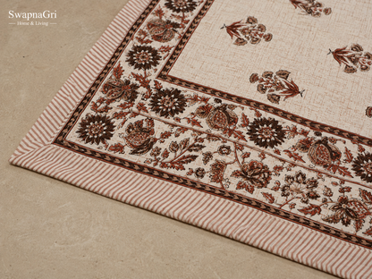 Close-up of SwapnaGri rust and brown floral cotton bedsheet border, pattern and fabric detail