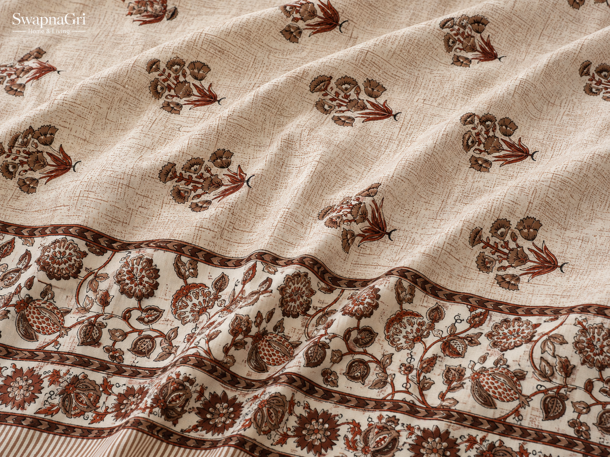 Close-up of SwapnaGri rust and brown floral queen-size cotton bedsheet print and fabric texture