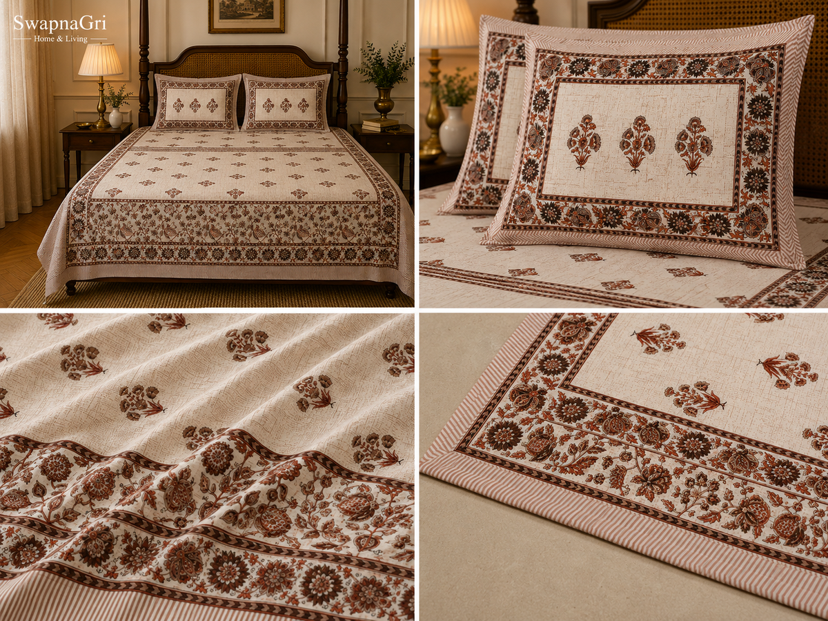 SwapnaGri rust and brown floral cotton bedsheet queen size 90 × 108 inches with two matching pillow covers