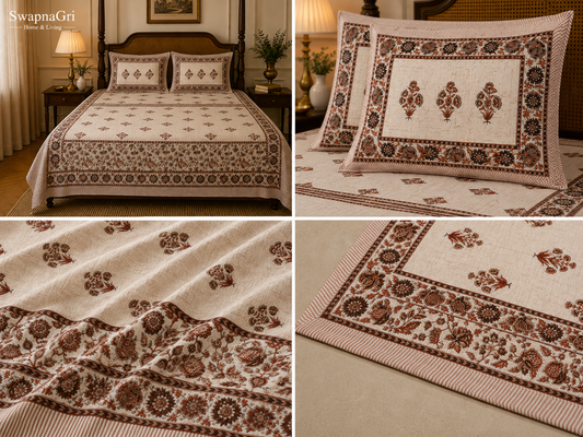 SwapnaGri rust and brown floral cotton bedsheet queen size 90 × 108 inches with two matching pillow covers