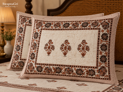 Close-up of SwapnaGri rust and brown floral cotton bedsheet matching pillow cover