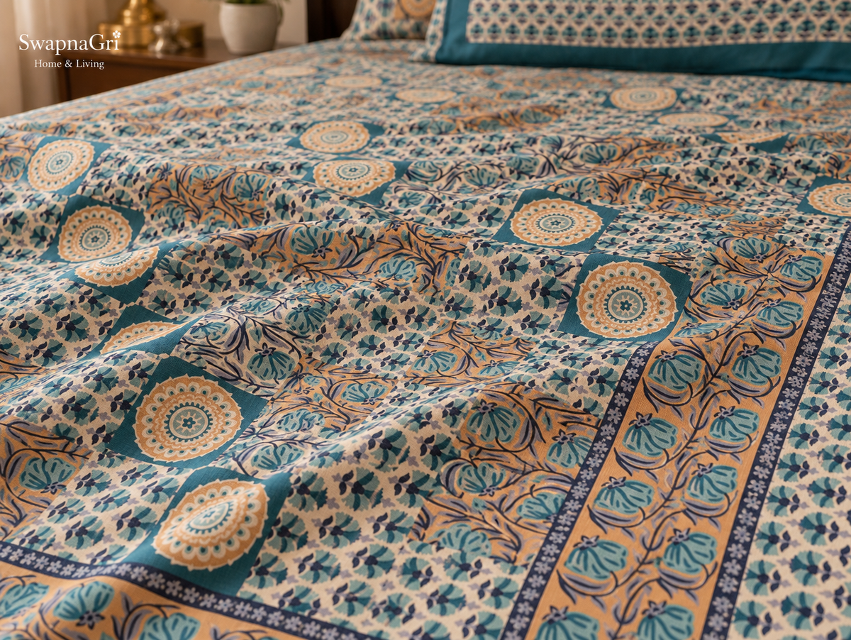 Close-up of SwapnaGri Teal Blue Patchwork Floral cotton bedsheet pattern