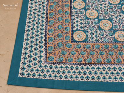 Close-up of SwapnaGri Teal Blue Patchwork Floral cotton bedsheet decorative border