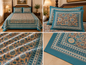 SwapnaGri Teal Blue Patchwork Floral Cotton King-Size Bedsheet with matching pillow covers